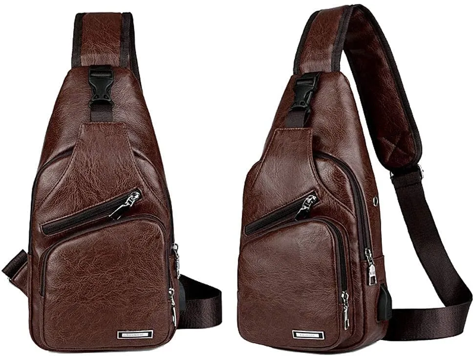 Peicees Leather Sling Bag Mens Crossbody Bag Chest Bag Sling Backpack for Men with USB Charge Port