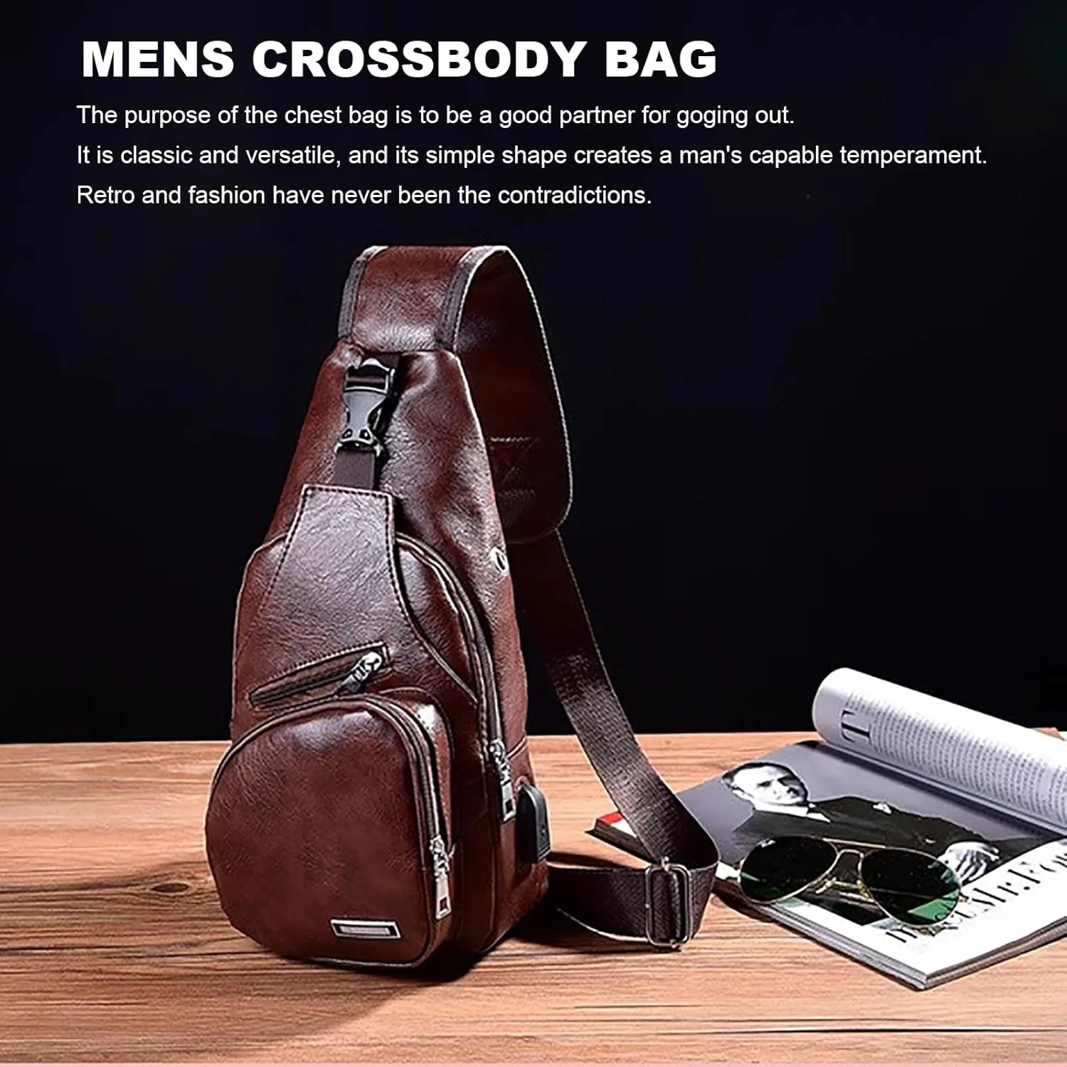 Peicees Leather Sling Bag Mens Crossbody Bag Chest Bag Sling Backpack for Men with USB Charge Port