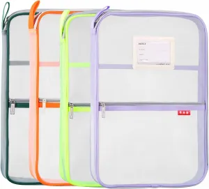 Pendancy Mesh Zipper Pouch 14.8x10.8 in Transparent Lightweight Nylon File Folders, A4 Size Multi-Layer Subject Document Organizer Accessories Storage Bag for Office and School Supplies(4 PCS)
