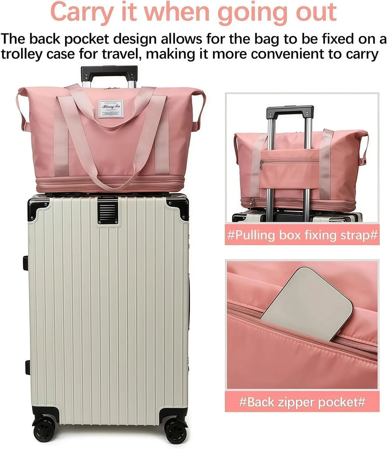Pepepo Travel Bag with Wheels, 2025 Pepepo Large Duffle Bag with Wheels, Expandable Foldable Duffle Bag, Dry and Wet Separation (Pink)