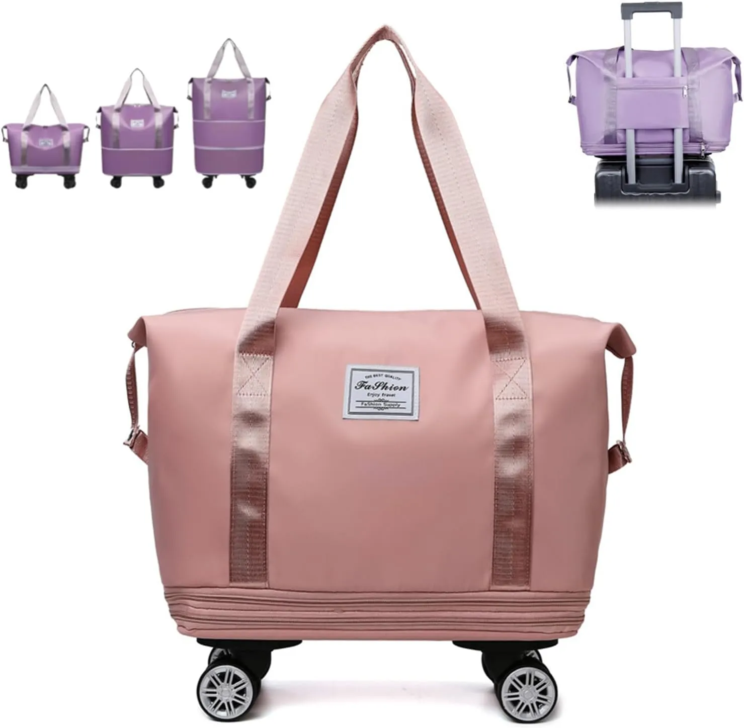 Pepepo Travel Bag with Wheels, 2025 Pepepo Large Duffle Bag with Wheels, Expandable Foldable Duffle Bag, Dry and Wet Separation (Pink)