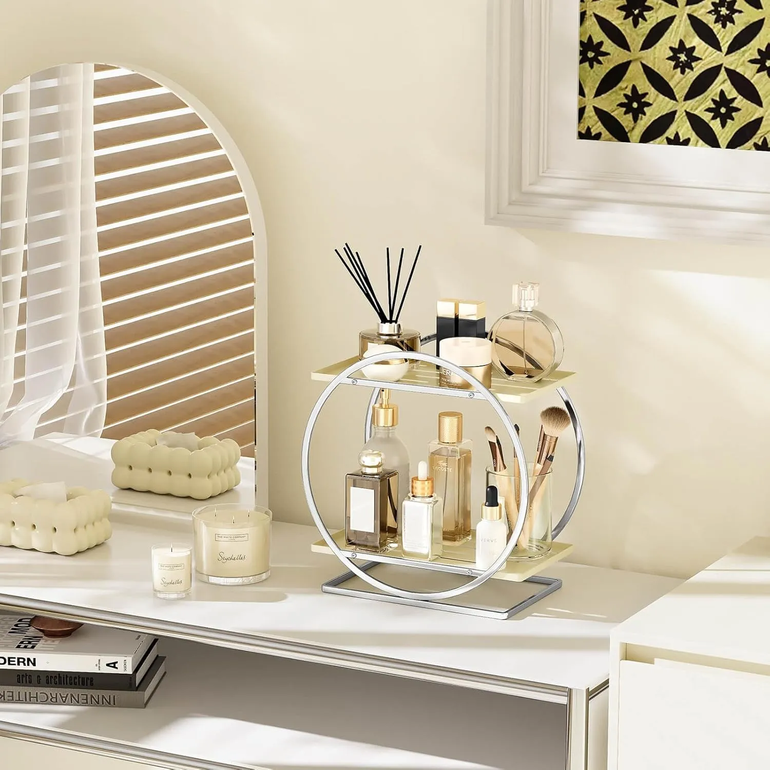 Perfume Organizer for Dresser, 2-Tier Bathroom Counter Organizer, Elegant Makeup Organizer for Vanity, Cream White Cosmetics Skincare Organizers, Multi-Purpose Bathroom Organizers and Storage