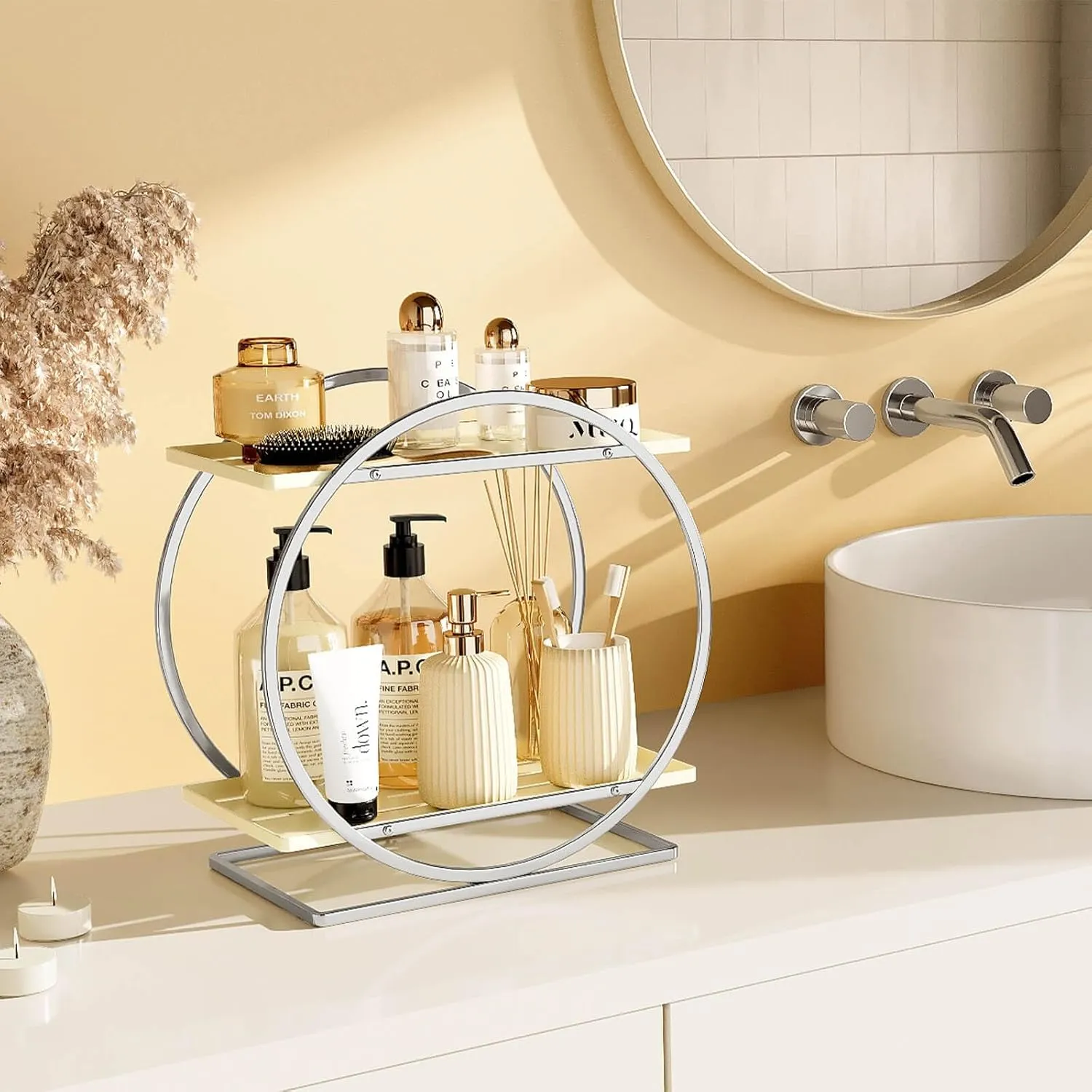 Perfume Organizer for Dresser, 2-Tier Bathroom Counter Organizer, Elegant Makeup Organizer for Vanity, Cream White Cosmetics Skincare Organizers, Multi-Purpose Bathroom Organizers and Storage
