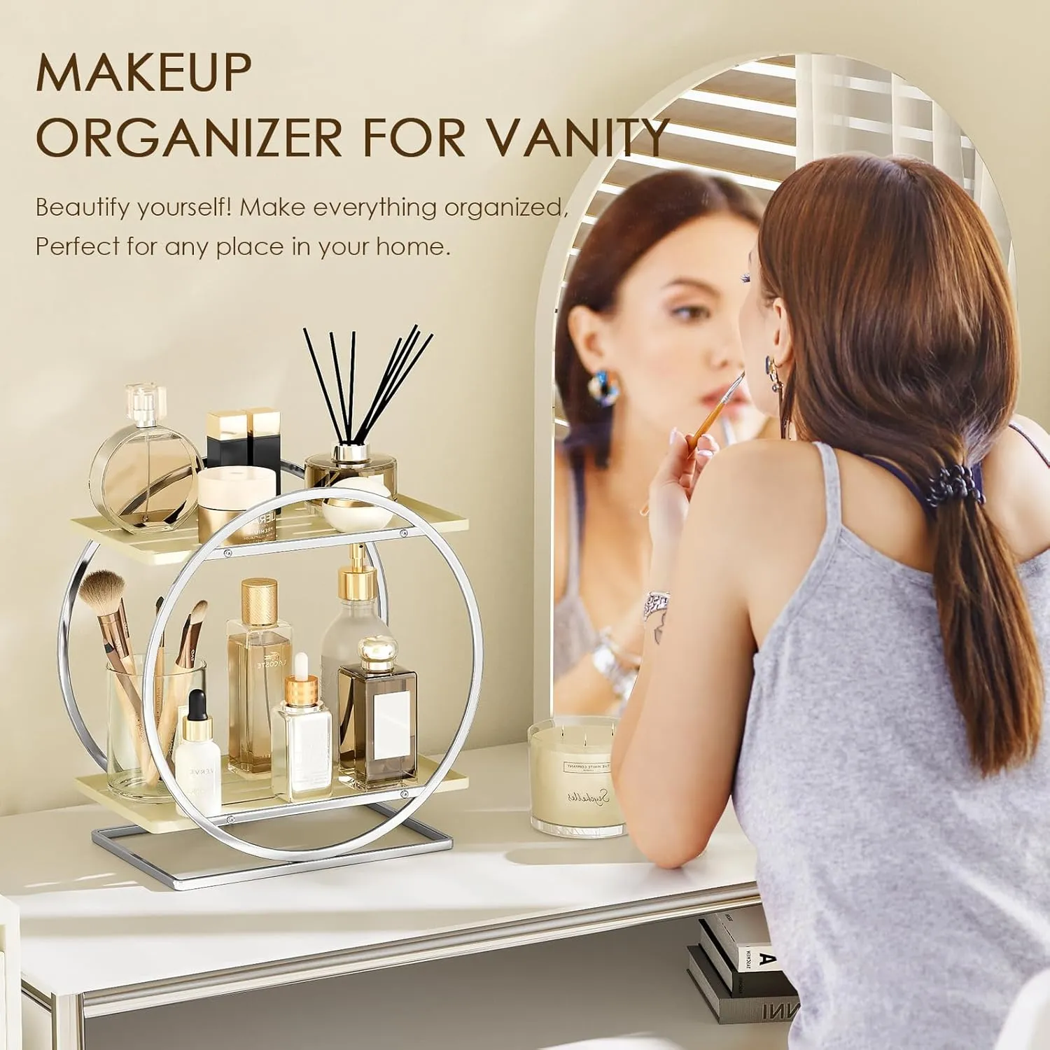 Perfume Organizer for Dresser, 2-Tier Bathroom Counter Organizer, Elegant Makeup Organizer for Vanity, Cream White Cosmetics Skincare Organizers, Multi-Purpose Bathroom Organizers and Storage