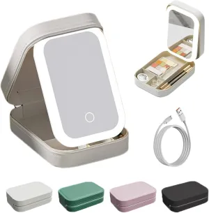 Periodicali Travel Makeup Mirror, Periodicali Makeup Mirror with Lights, Portable Periodicali Makeup Case with 3 Color Lightings, Multiple Compartments Travel Makeup Bag with LED Mirror (White)