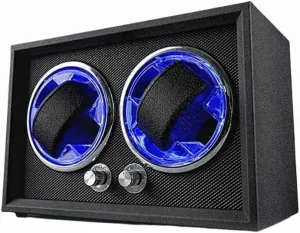 Personalized custom logo Black Frosted Skin Ice Blue LED Watch Winders 2 Slots Customizable Name Logo Gift Watchwinder Box Watches Winding Organizer