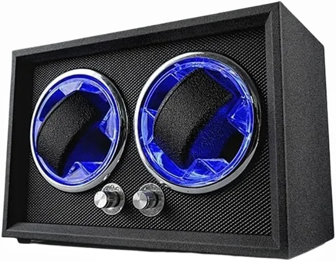 Personalized custom logo Black Frosted Skin Ice Blue LED Watch Winders 2 Slots Customizable Name Logo Gift Watchwinder Box Watches Winding Organizer