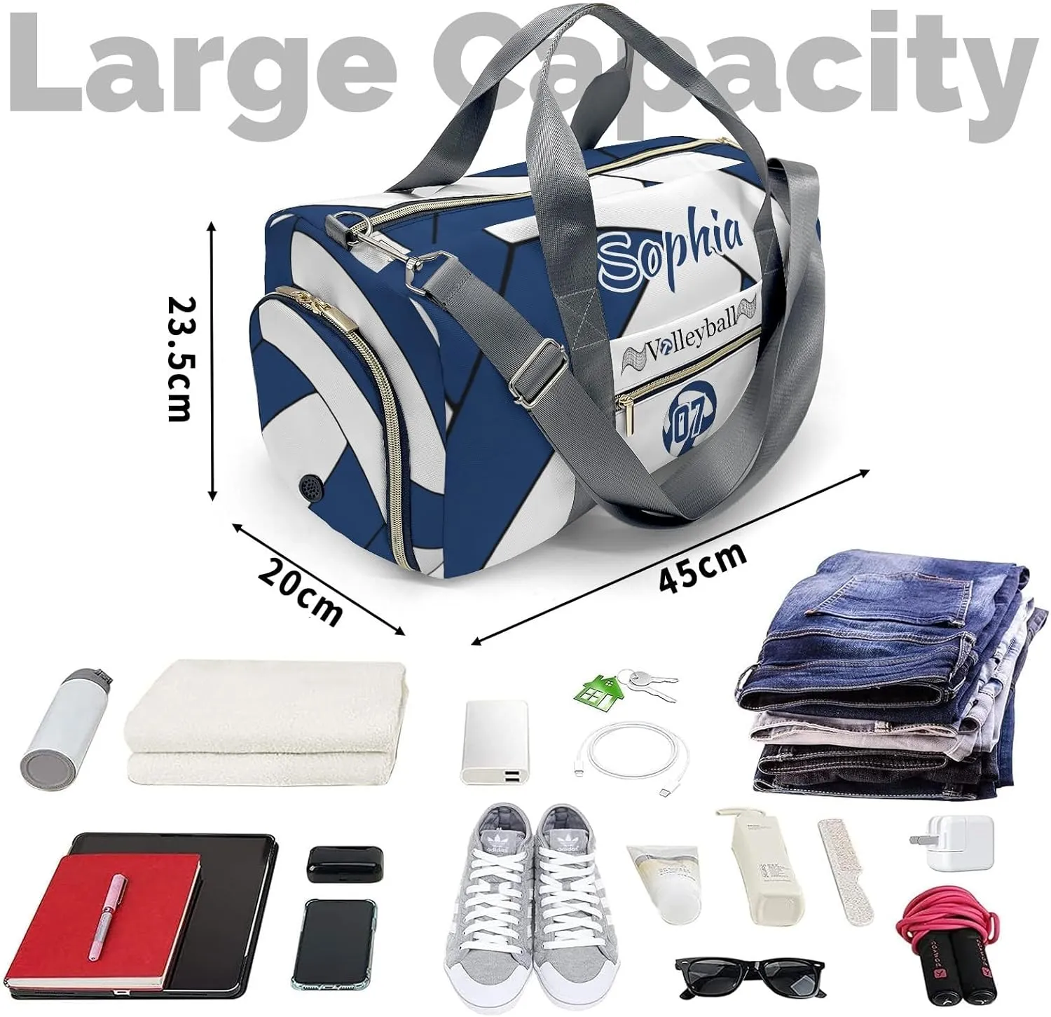 Personalized Custom Volleyball Navy BlueDuffel Backpack Waterproof Multifunctional Daypack Gym Yoga Sport with Name Gift