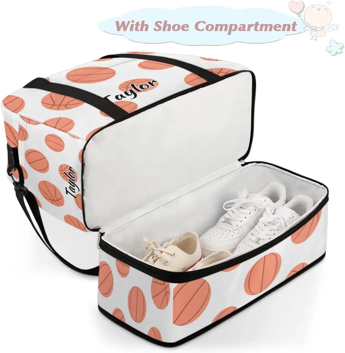 Personalized Duffel Bag with Name, Custom Basketball Travel Sports Gym Yoga Beach Bag Customized Weekender Overnight Bag with Shoes Compartment for Women, Basketball Pattern