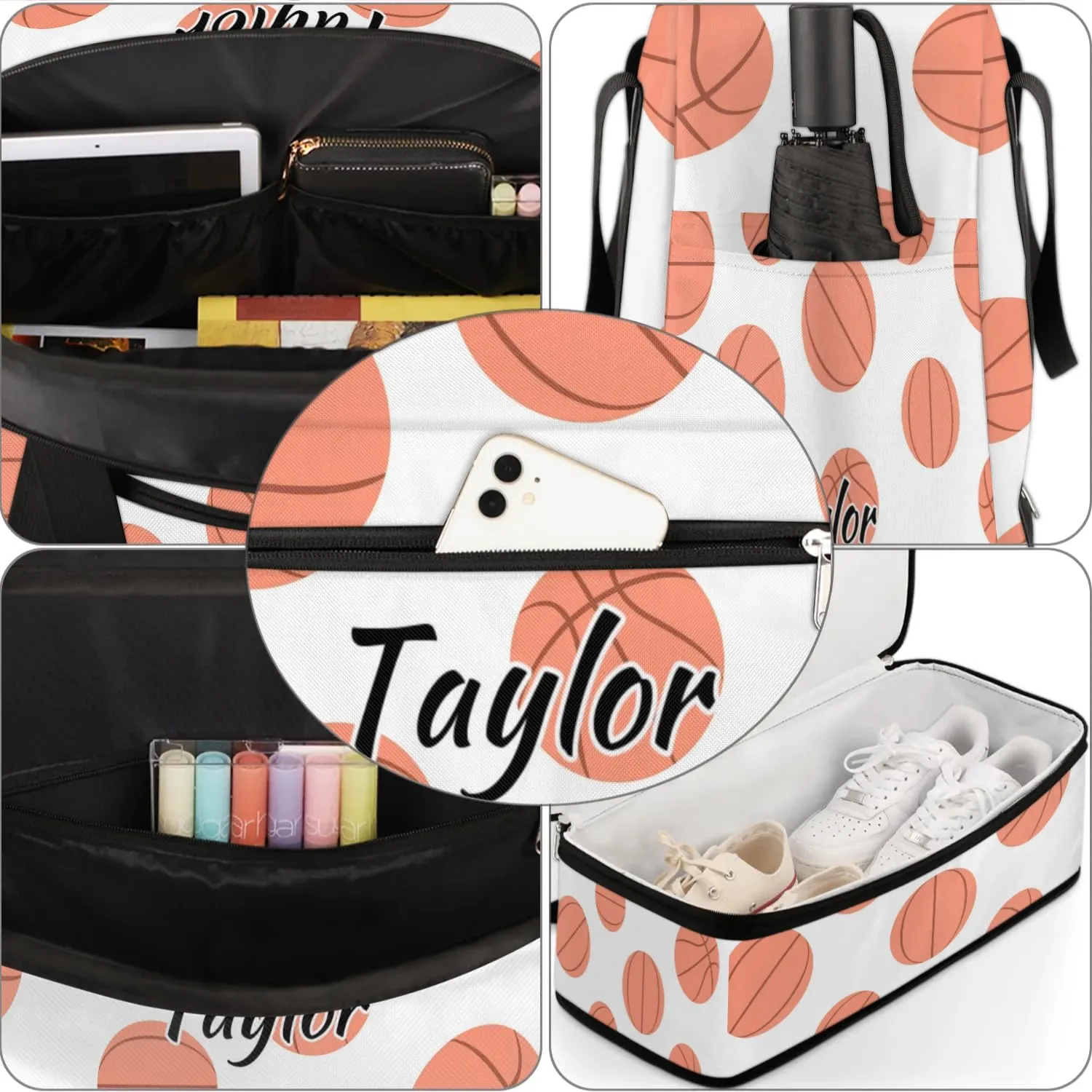 Personalized Duffel Bag with Name, Custom Basketball Travel Sports Gym Yoga Beach Bag Customized Weekender Overnight Bag with Shoes Compartment for Women, Basketball Pattern