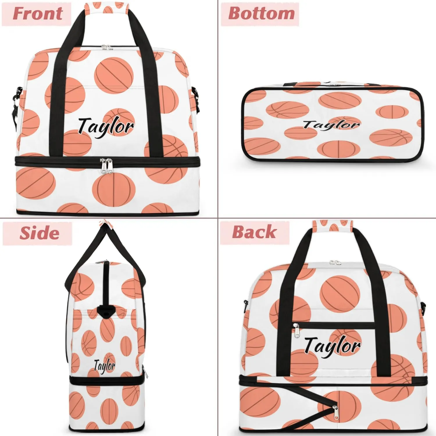 Personalized Duffel Bag with Name, Custom Basketball Travel Sports Gym Yoga Beach Bag Customized Weekender Overnight Bag with Shoes Compartment for Women, Basketball Pattern