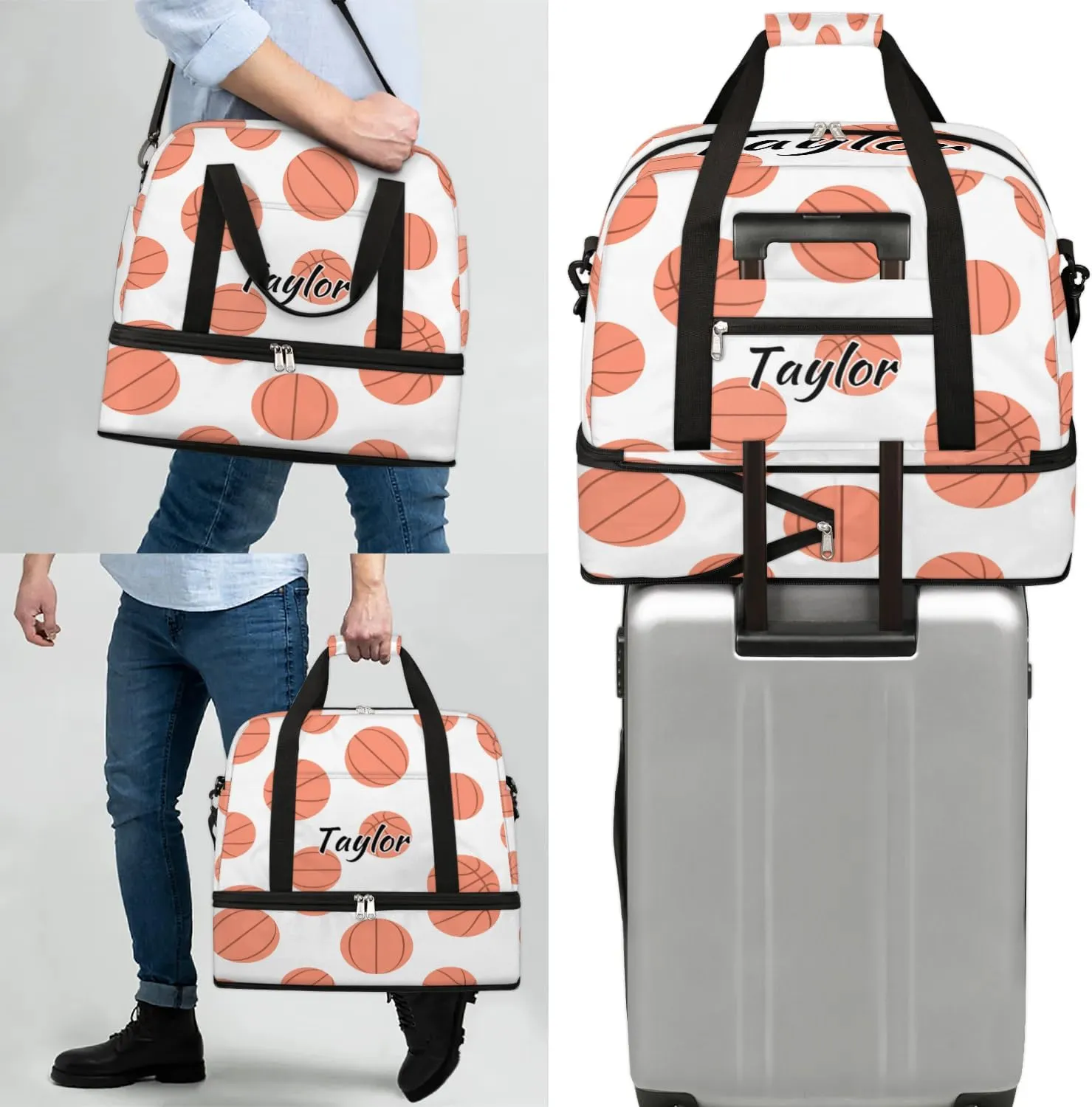 Personalized Duffel Bag with Name, Custom Basketball Travel Sports Gym Yoga Beach Bag Customized Weekender Overnight Bag with Shoes Compartment for Women, Basketball Pattern