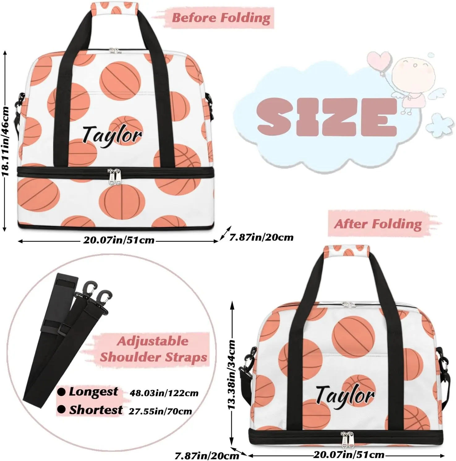 Personalized Duffel Bag with Name, Custom Basketball Travel Sports Gym Yoga Beach Bag Customized Weekender Overnight Bag with Shoes Compartment for Women, Basketball Pattern