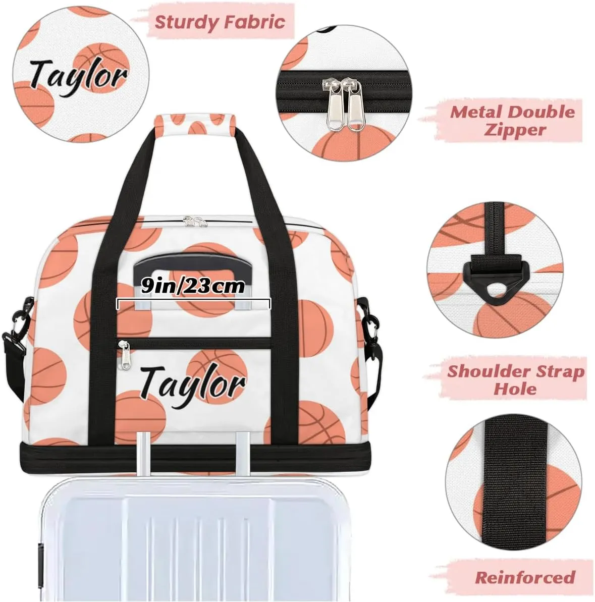 Personalized Duffel Bag with Name, Custom Basketball Travel Sports Gym Yoga Beach Bag Customized Weekender Overnight Bag with Shoes Compartment for Women, Basketball Pattern
