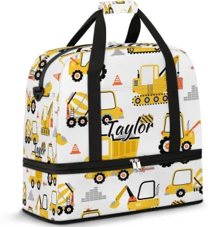 Personalized Duffel Bag with Name, Custom Cartoon Car Travel Sports Gym Yoga Beach Bag Customized Weekender Overnight Bag with Shoes Compartment for Women, Construction Truck
