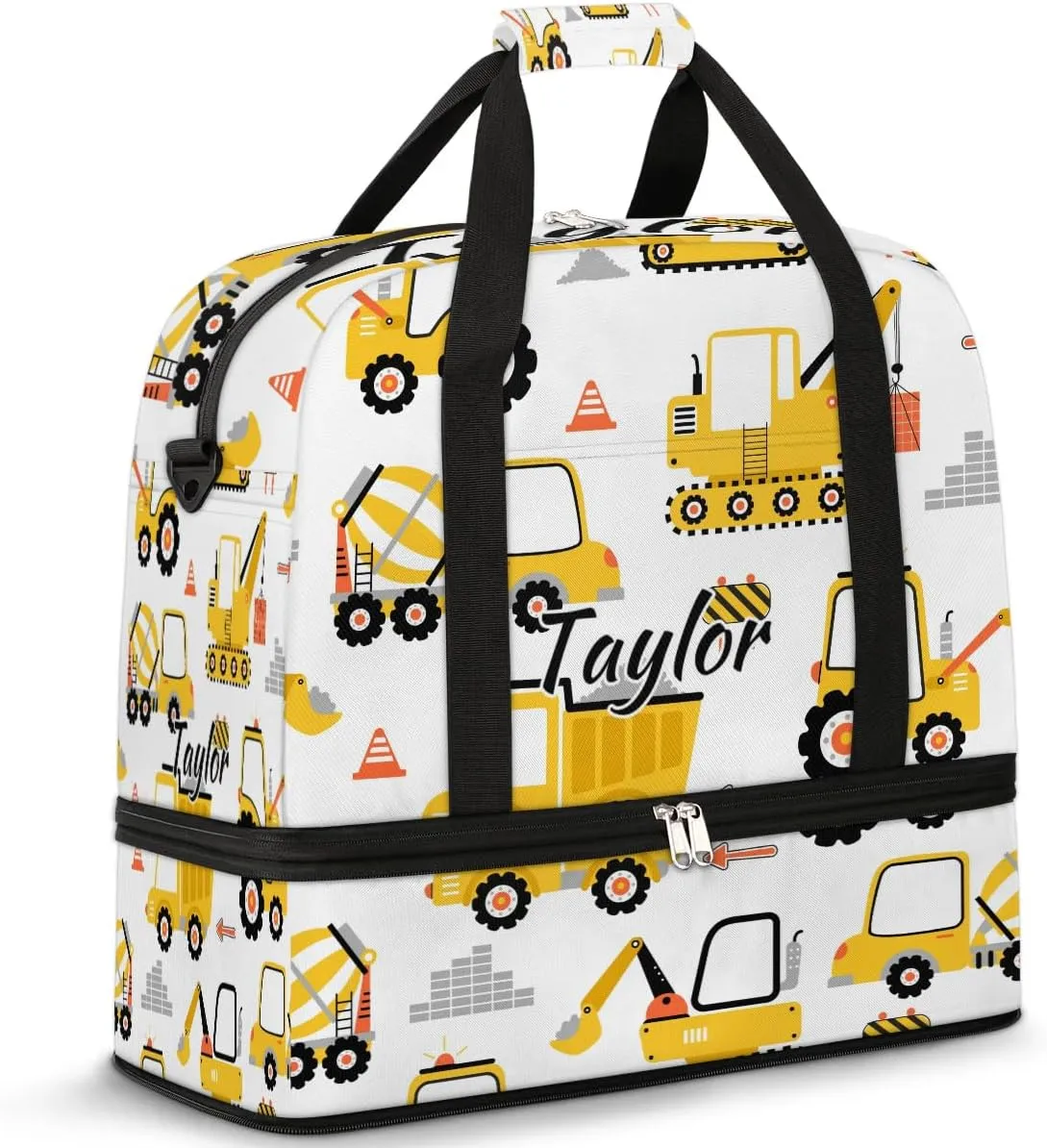 Personalized Duffel Bag with Name, Custom Cartoon Car Travel Sports Gym Yoga Beach Bag Customized Weekender Overnight Bag with Shoes Compartment for Women, Construction Truck