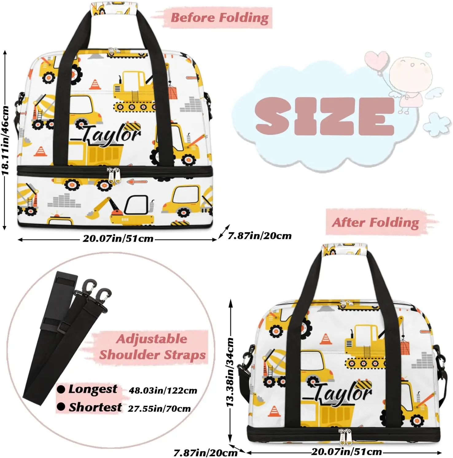 Personalized Duffel Bag with Name, Custom Cartoon Car Travel Sports Gym Yoga Beach Bag Customized Weekender Overnight Bag with Shoes Compartment for Women, Construction Truck