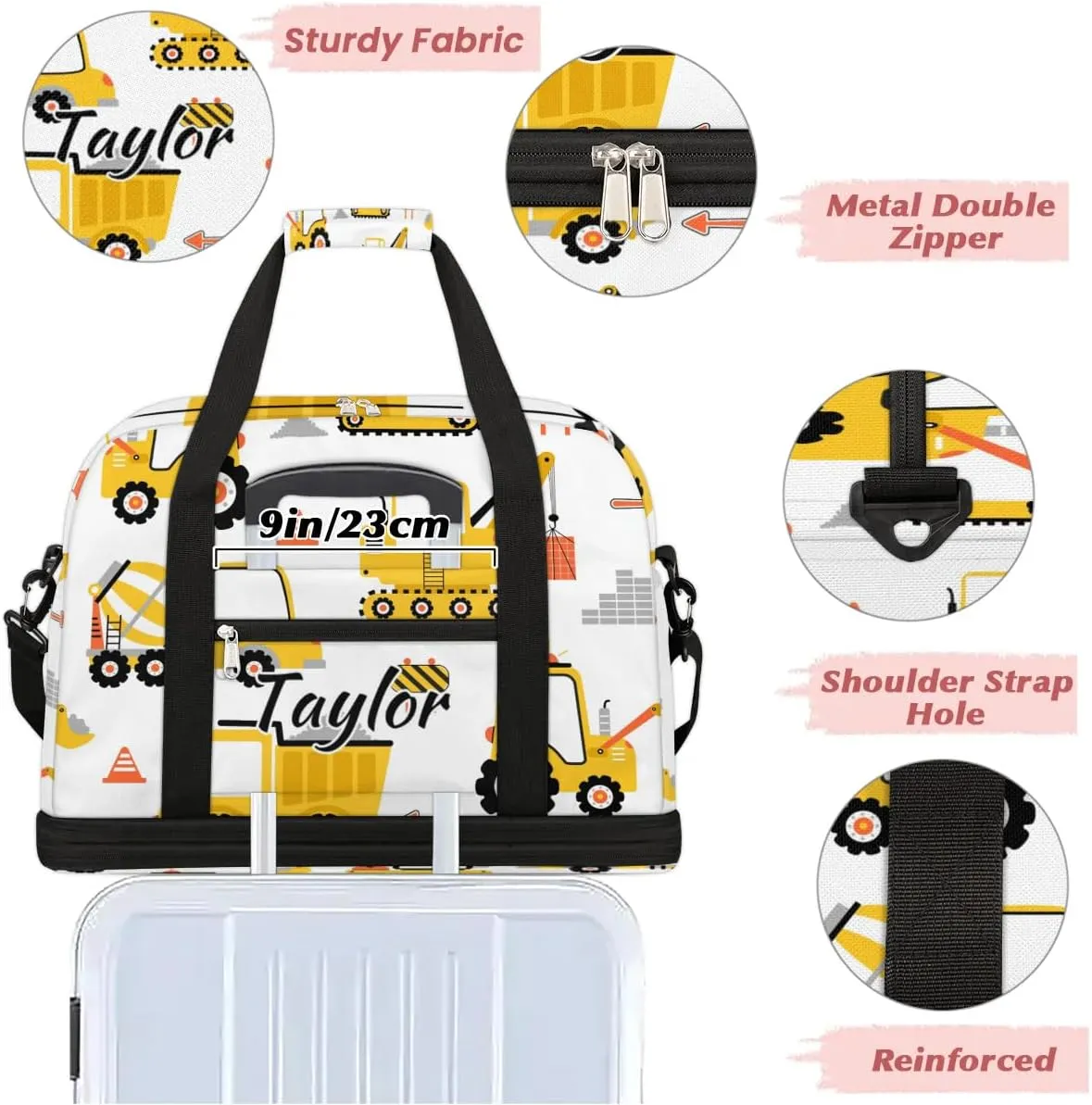 Personalized Duffel Bag with Name, Custom Cartoon Car Travel Sports Gym Yoga Beach Bag Customized Weekender Overnight Bag with Shoes Compartment for Women, Construction Truck