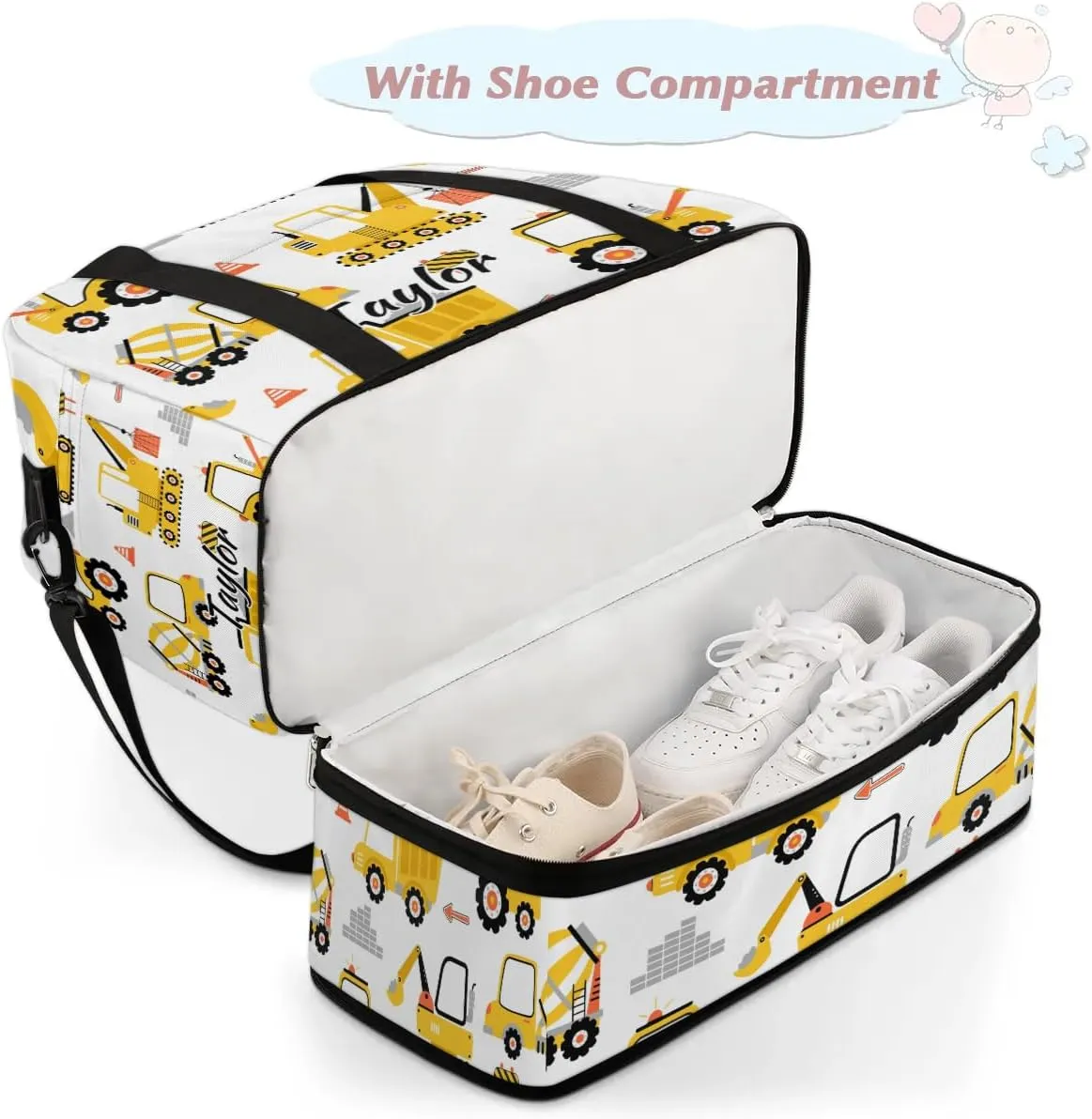 Personalized Duffel Bag with Name, Custom Cartoon Car Travel Sports Gym Yoga Beach Bag Customized Weekender Overnight Bag with Shoes Compartment for Women, Construction Truck