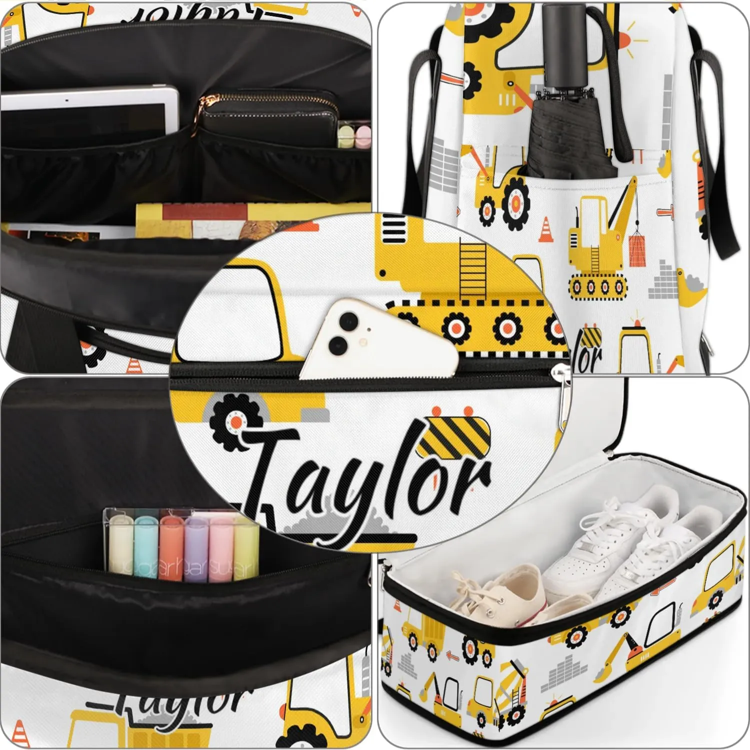 Personalized Duffel Bag with Name, Custom Cartoon Car Travel Sports Gym Yoga Beach Bag Customized Weekender Overnight Bag with Shoes Compartment for Women, Construction Truck