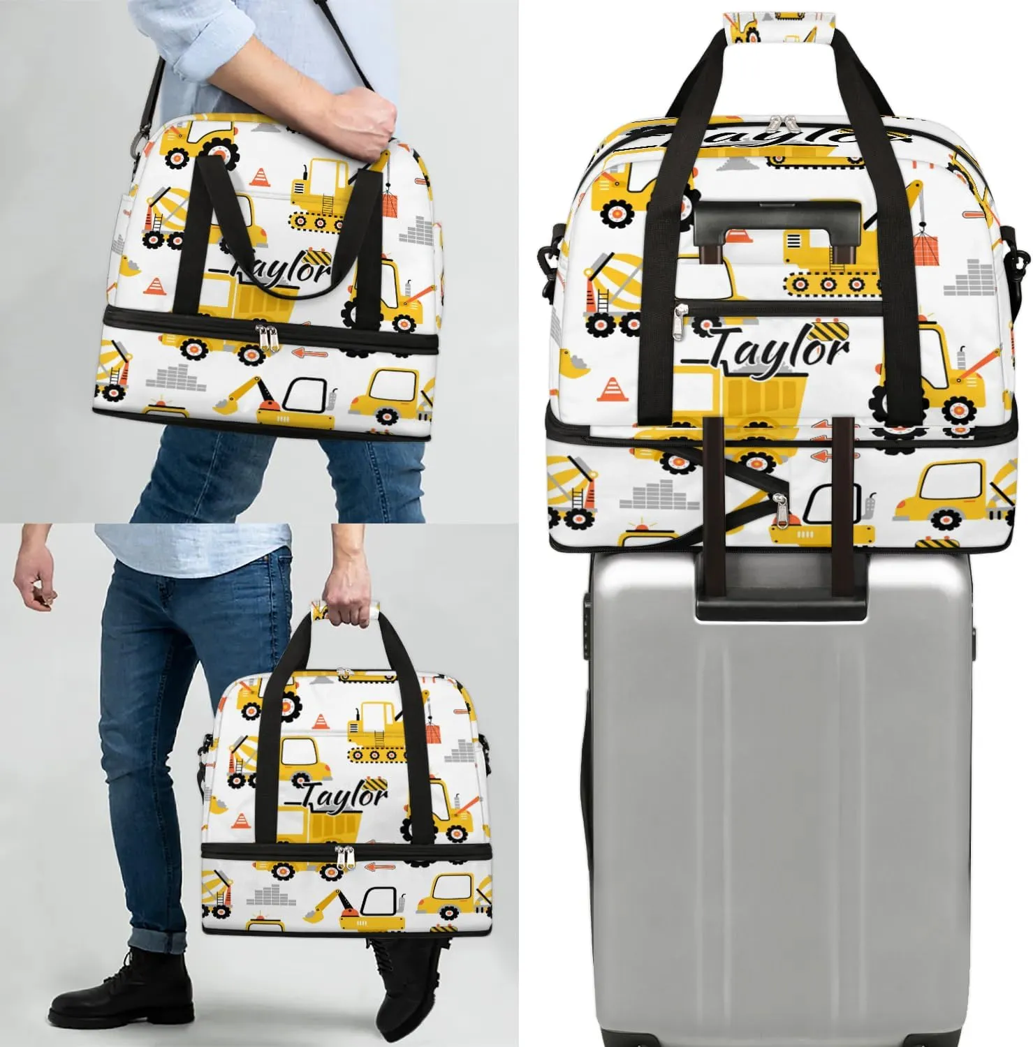 Personalized Duffel Bag with Name, Custom Cartoon Car Travel Sports Gym Yoga Beach Bag Customized Weekender Overnight Bag with Shoes Compartment for Women, Construction Truck