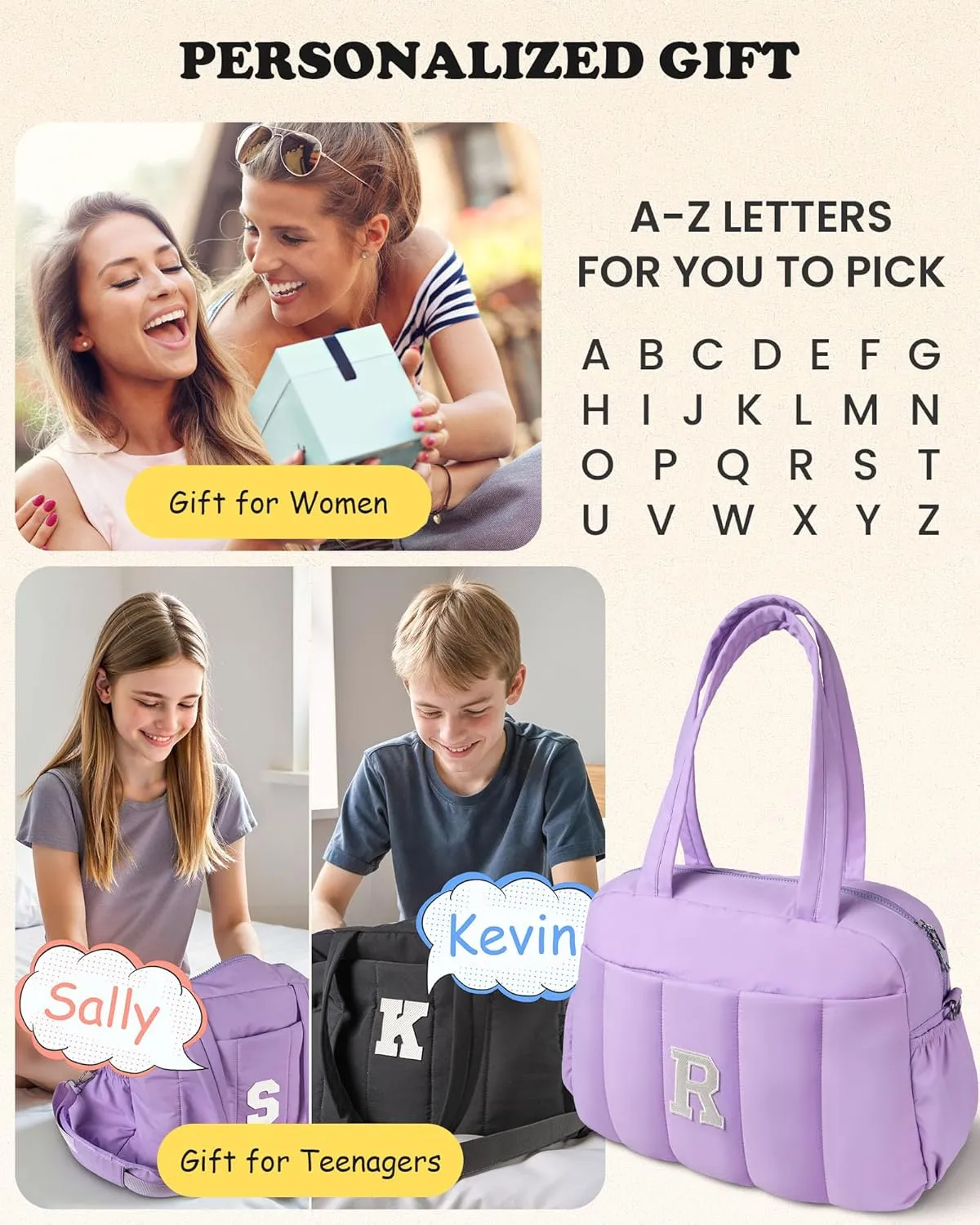 Personalized Gifts-Initial Lightweight Duffel Bag for Women, Personalized Weekender Bag, Monogram Overnight Bag, Letter Girl Travel Bag with Makeup Bag，Birthday Gift for Women Girl (Letter H)