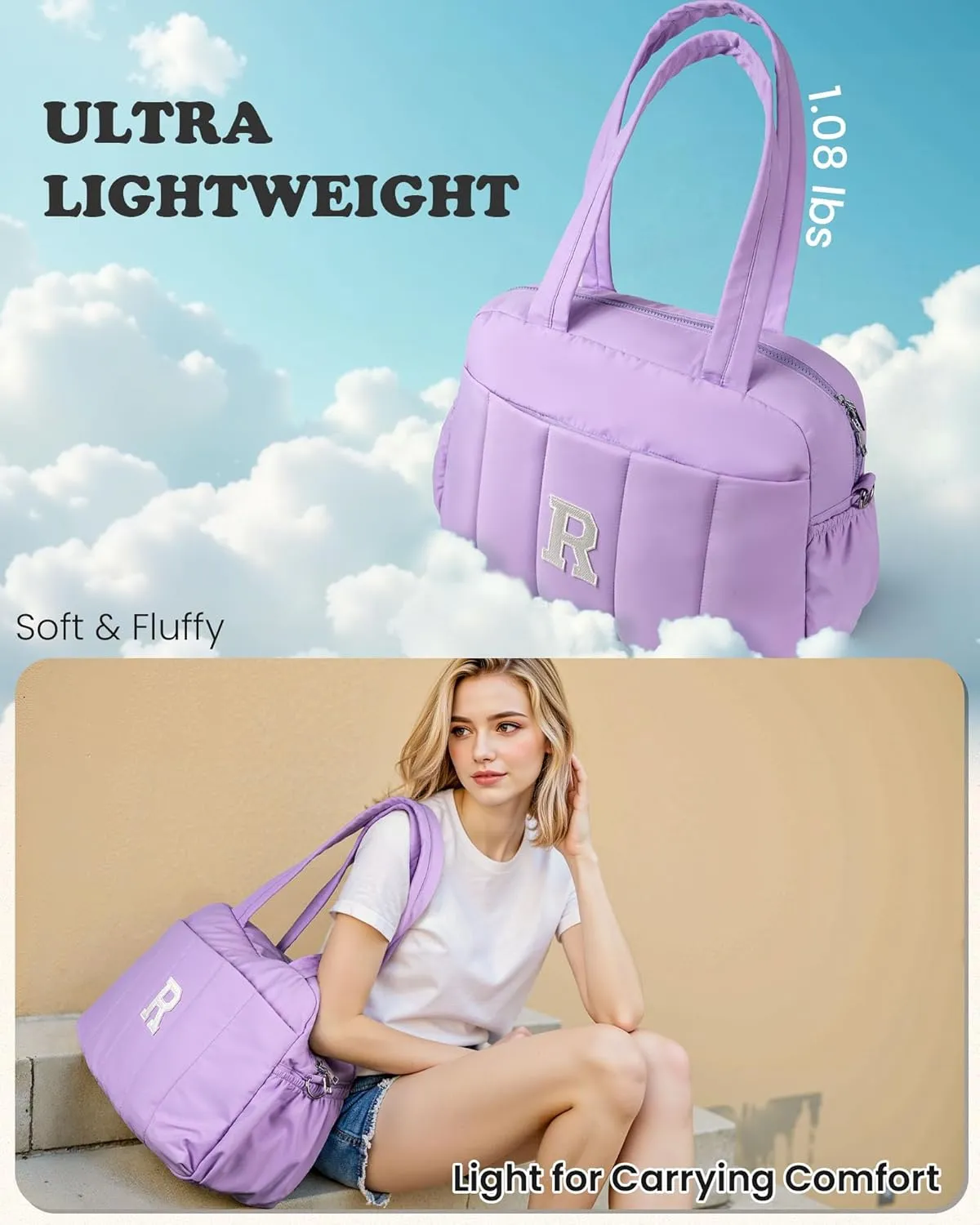 Personalized Gifts-Initial Lightweight Duffel Bag for Women, Personalized Weekender Bag, Monogram Overnight Bag, Letter Girl Travel Bag with Makeup Bag，Birthday Gift for Women Girl (Letter H)