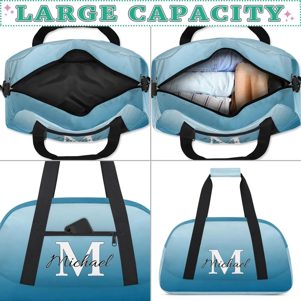 Personalized Gym Bag, Custom Initial Sport Duffel Bag, Dance Bag Carry On Weekender Bags Travel Duffel Bag for Women Men, Blue White
