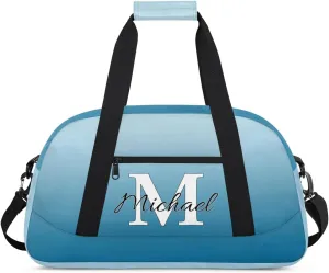 Personalized Gym Bag, Custom Initial Sport Duffel Bag, Dance Bag Carry On Weekender Bags Travel Duffel Bag for Women Men, Blue White