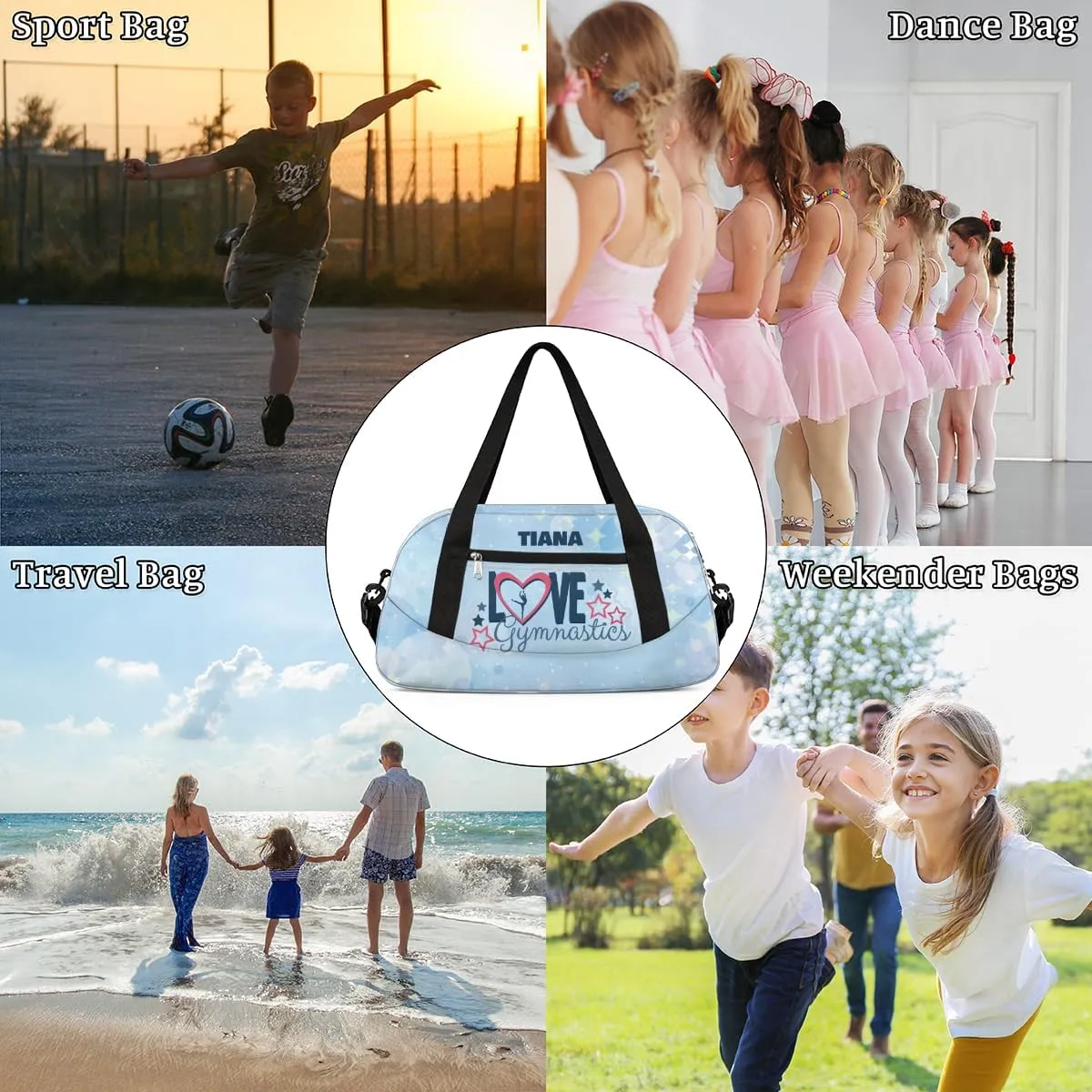 Personalized Gym Bag for Girls Teens, Custom Dance Bag Overnight Small Duffel Bag Carry On Weekend Sports Travel Bag for School Practice Gymnastics Ballet, Gymnastics Blue Stars Dots