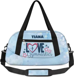 Personalized Gym Bag for Girls Teens, Custom Dance Bag Overnight Small Duffel Bag Carry On Weekend Sports Travel Bag for School Practice Gymnastics Ballet, Gymnastics Blue Stars Dots
