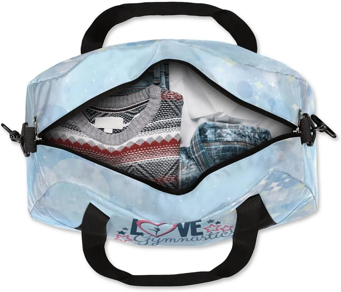 Personalized Gym Bag for Girls Teens, Custom Dance Bag Overnight Small Duffel Bag Carry On Weekend Sports Travel Bag for School Practice Gymnastics Ballet, Gymnastics Blue Stars Dots