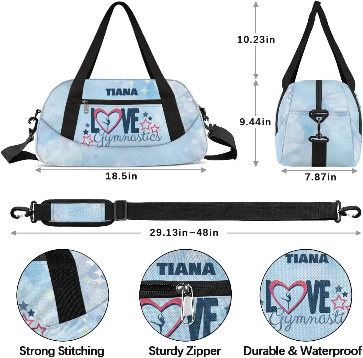 Personalized Gym Bag for Girls Teens, Custom Dance Bag Overnight Small Duffel Bag Carry On Weekend Sports Travel Bag for School Practice Gymnastics Ballet, Gymnastics Blue Stars Dots