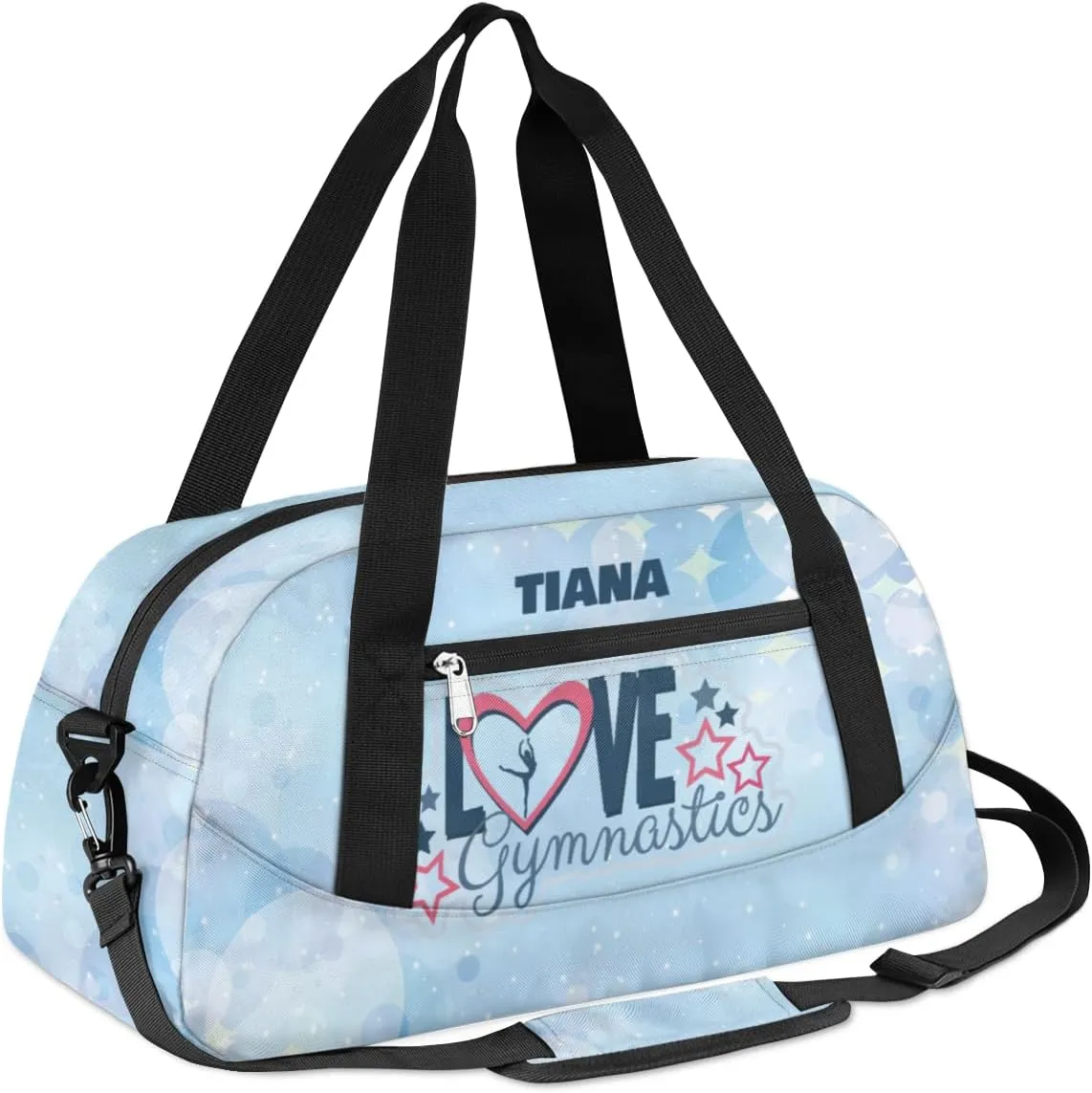 Personalized Gym Bag for Girls Teens, Custom Dance Bag Overnight Small Duffel Bag Carry On Weekend Sports Travel Bag for School Practice Gymnastics Ballet, Gymnastics Blue Stars Dots