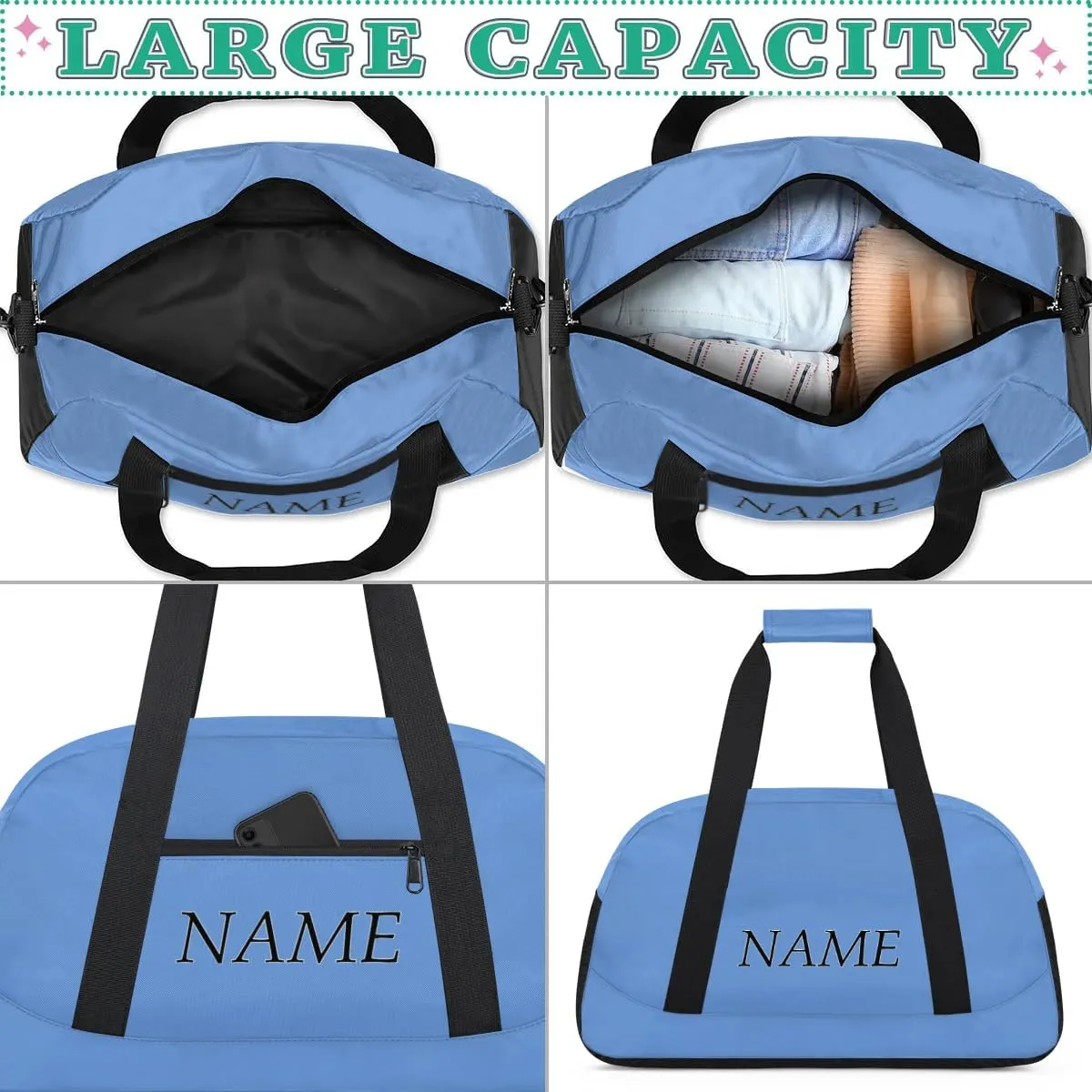 Personalized Gym Bag for Women Men, Custom Duffel Bag with Name, Small Sports Bag Travel Carry On Weekender Bags, Blue