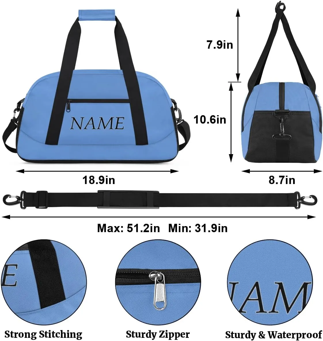 Personalized Gym Bag for Women Men, Custom Duffel Bag with Name, Small Sports Bag Travel Carry On Weekender Bags, Blue