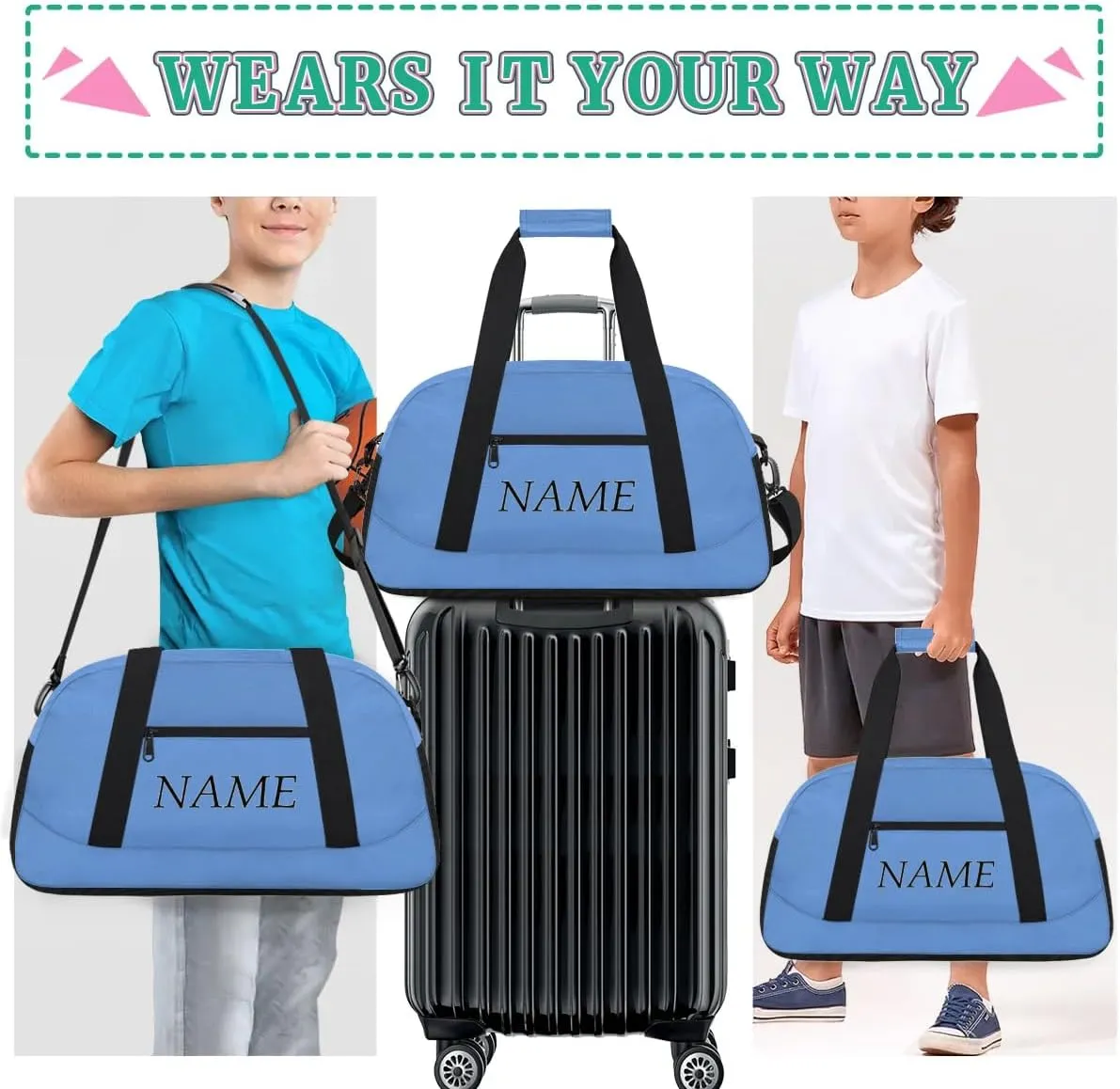 Personalized Gym Bag for Women Men, Custom Duffel Bag with Name, Small Sports Bag Travel Carry On Weekender Bags, Blue