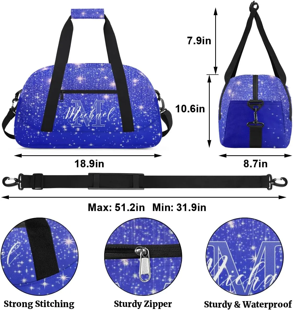 Personalized Gym Duffle Bag, Customized Initial Sports Duffle Bag for Travel, Lightweight Weekend Overnight Bag for Women, Blue Sequin