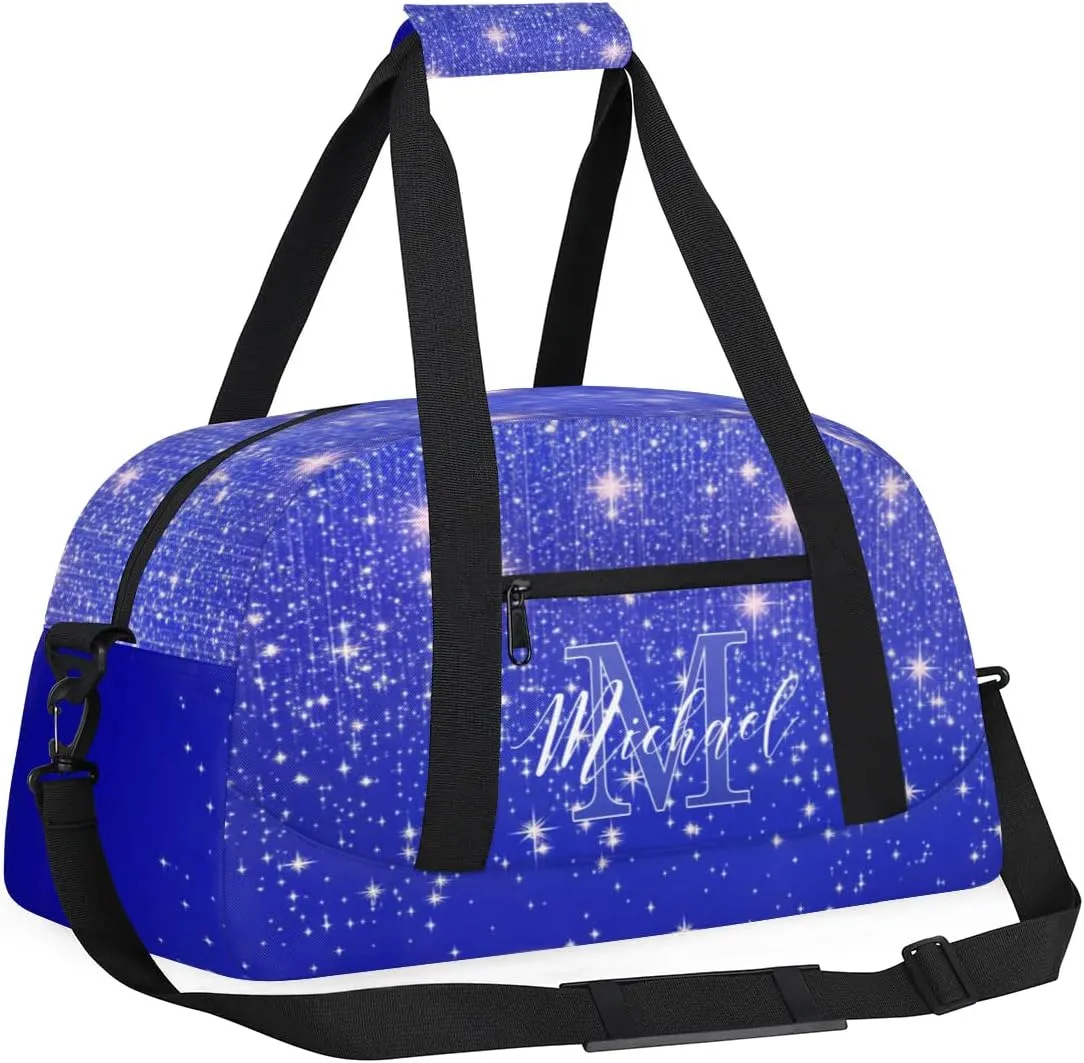 Personalized Gym Duffle Bag, Customized Initial Sports Duffle Bag for Travel, Lightweight Weekend Overnight Bag for Women, Blue Sequin