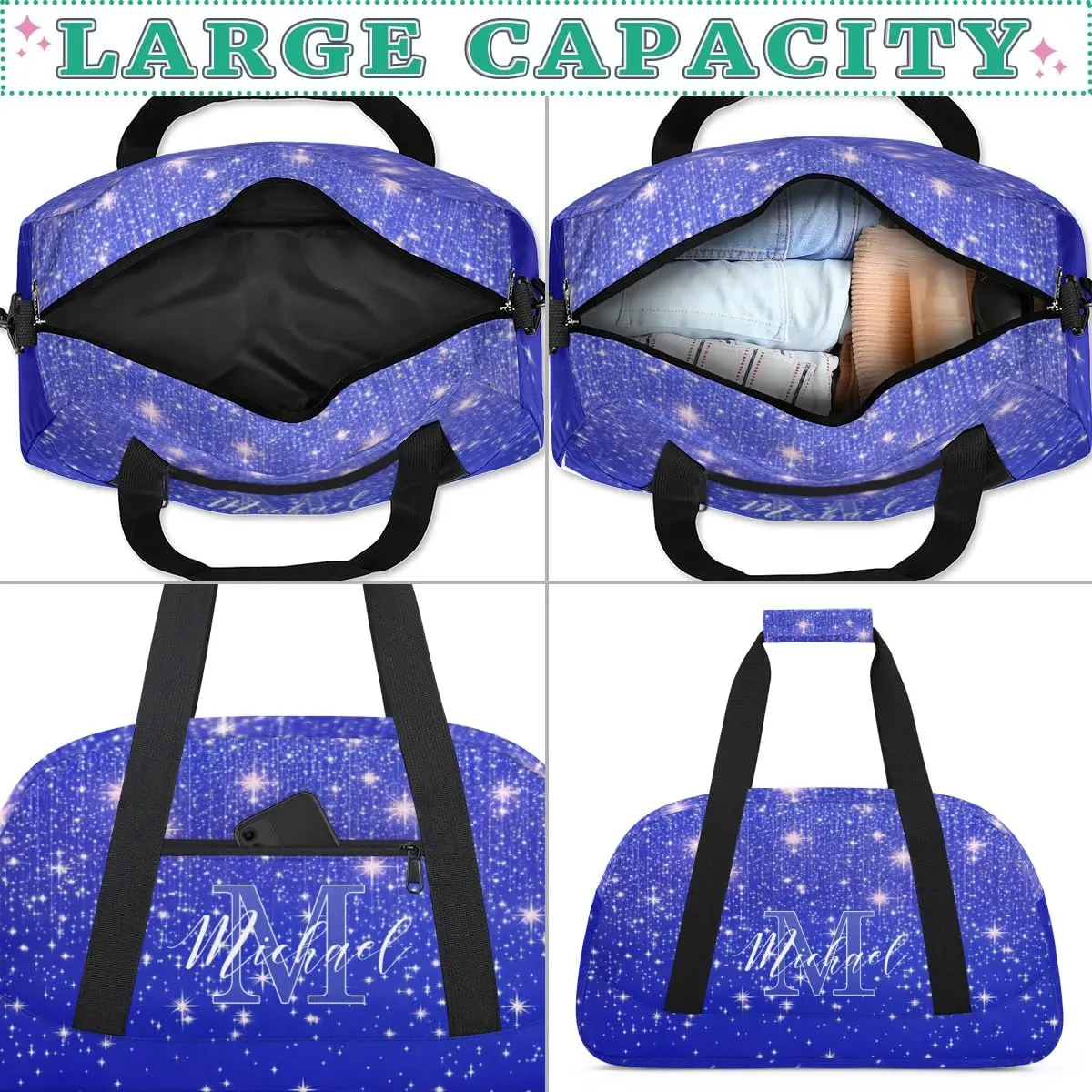 Personalized Gym Duffle Bag, Customized Initial Sports Duffle Bag for Travel, Lightweight Weekend Overnight Bag for Women, Blue Sequin