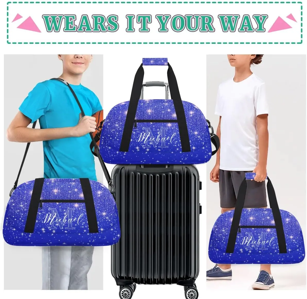 Personalized Gym Duffle Bag, Customized Initial Sports Duffle Bag for Travel, Lightweight Weekend Overnight Bag for Women, Blue Sequin