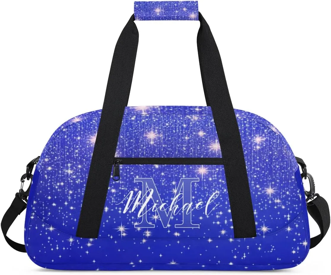 Personalized Gym Duffle Bag, Customized Initial Sports Duffle Bag for Travel, Lightweight Weekend Overnight Bag for Women, Blue Sequin
