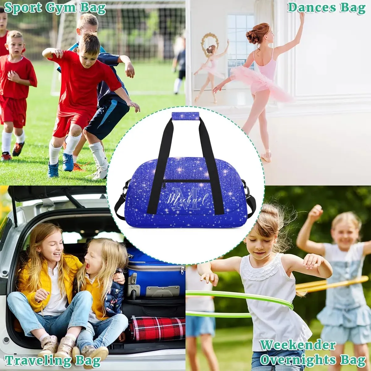 Personalized Gym Duffle Bag, Customized Initial Sports Duffle Bag for Travel, Lightweight Weekend Overnight Bag for Women, Blue Sequin