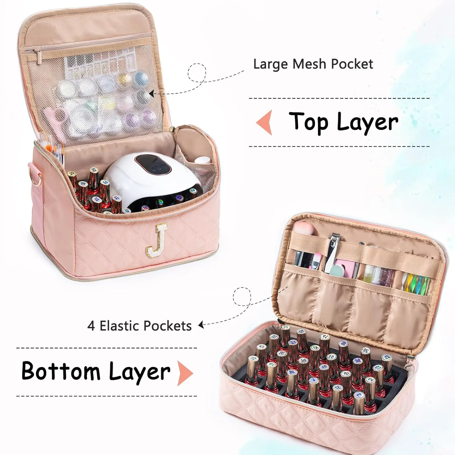 Personalized Initial Nail Polish Organizer – Holds 48 Bottles (15ml/0.5 fl oz), Nail Lamp & Tools – Nail Bag for Nail Organizers and Storage, Nail Polish Holder, Nail Tech Travel Case