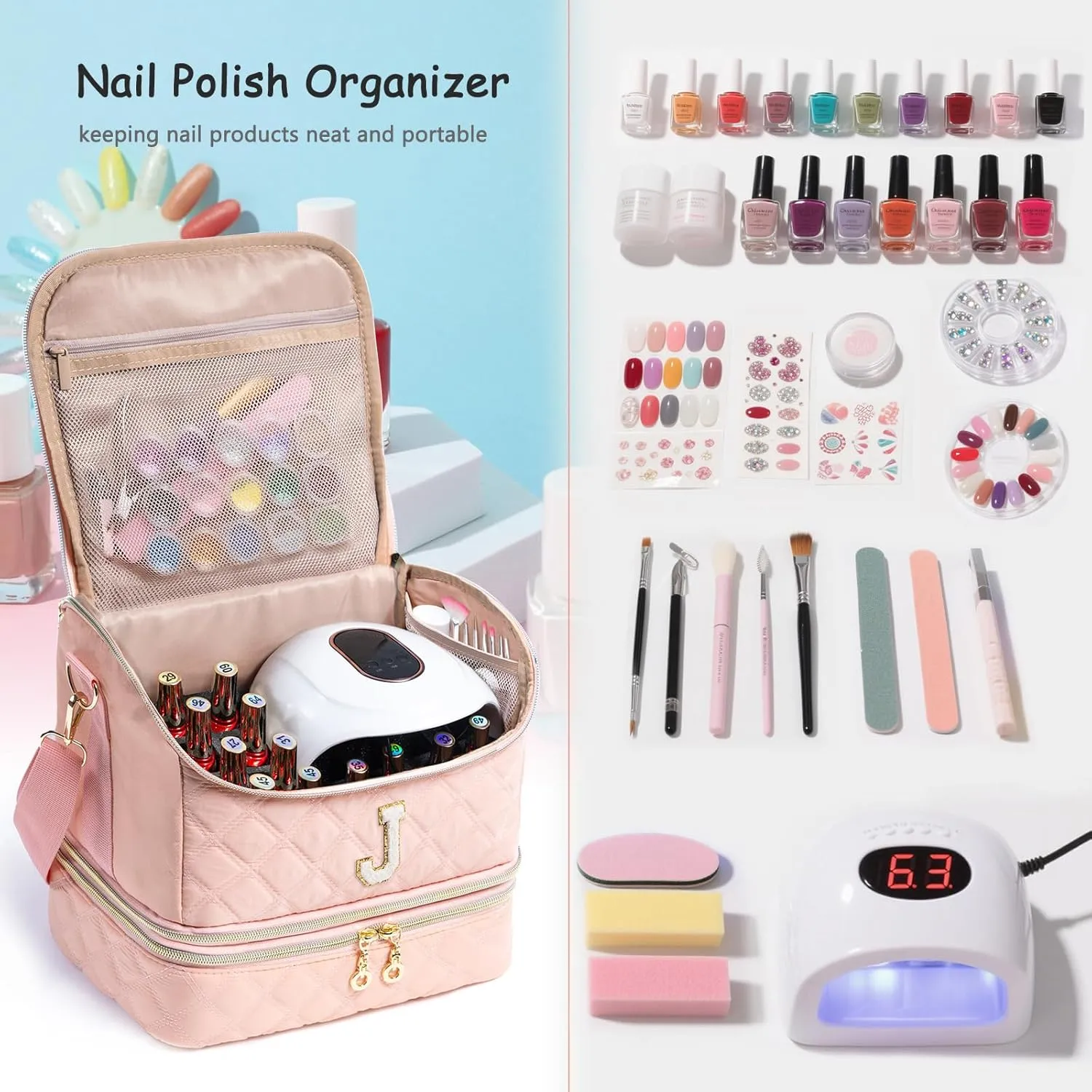 Personalized Initial Nail Polish Organizer – Holds 48 Bottles (15ml/0.5 fl oz), Nail Lamp & Tools – Nail Bag for Nail Organizers and Storage, Nail Polish Holder, Nail Tech Travel Case