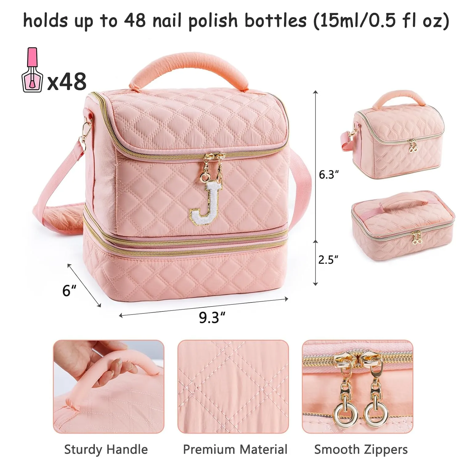 Personalized Initial Nail Polish Organizer – Holds 48 Bottles (15ml/0.5 fl oz), Nail Lamp & Tools – Nail Bag for Nail Organizers and Storage, Nail Polish Holder, Nail Tech Travel Case