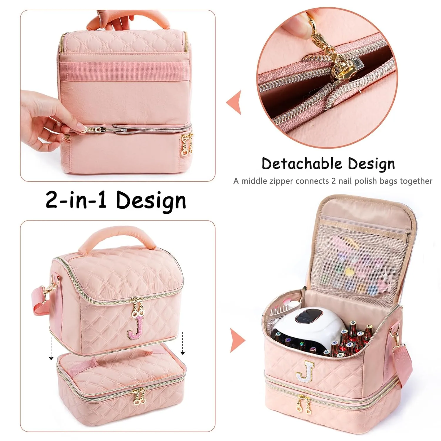 Personalized Initial Nail Polish Organizer – Holds 48 Bottles (15ml/0.5 fl oz), Nail Lamp & Tools – Nail Bag for Nail Organizers and Storage, Nail Polish Holder, Nail Tech Travel Case