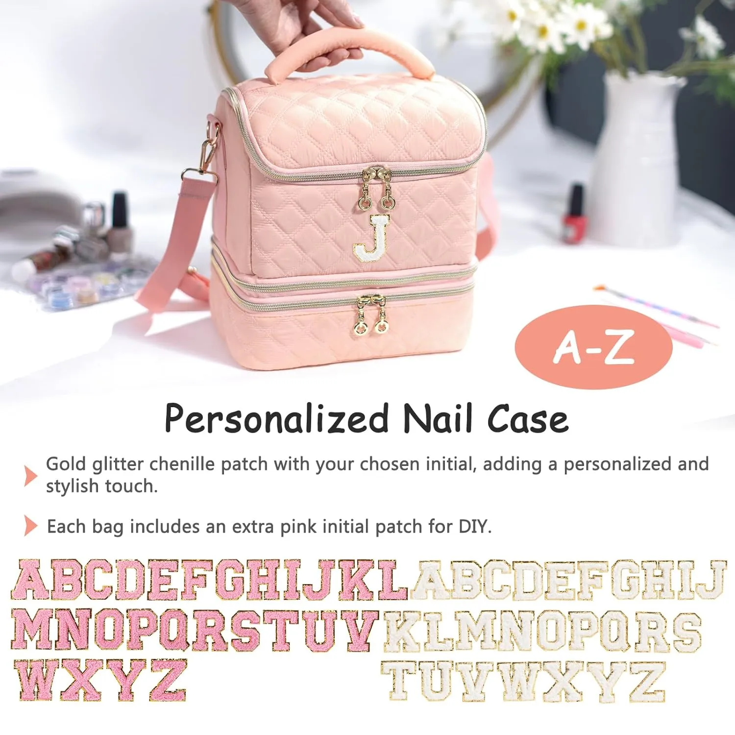 Personalized Initial Nail Polish Organizer – Holds 48 Bottles (15ml/0.5 fl oz), Nail Lamp & Tools – Nail Bag for Nail Organizers and Storage, Nail Polish Holder, Nail Tech Travel Case