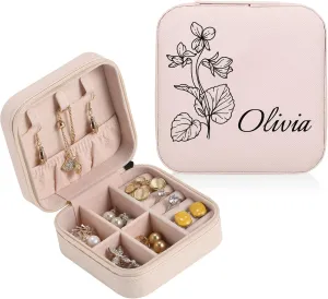 Personalized Jewelry Boxes for Women, Custom Travel Jewelry Case with Name and Birth Flower Month, Portable Jewelry Box Organizer for Mom Birthday Gifts (Non-Customized pink)