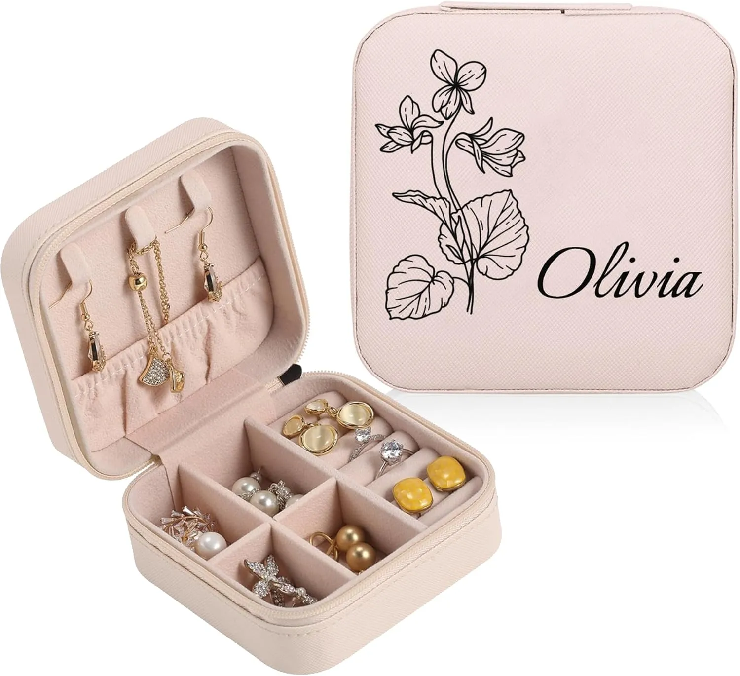 Personalized Jewelry Boxes for Women, Custom Travel Jewelry Case with Name and Birth Flower Month, Portable Jewelry Box Organizer for Mom Birthday Gifts (Non-Customized pink)